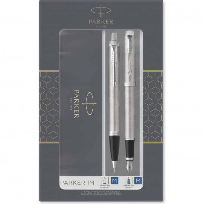 Набор из 2х ручек в подарочной коробке PARKER IM DUO STAINLESS STEEL CT;. Шариковая и перьевая ручка. 2183058
